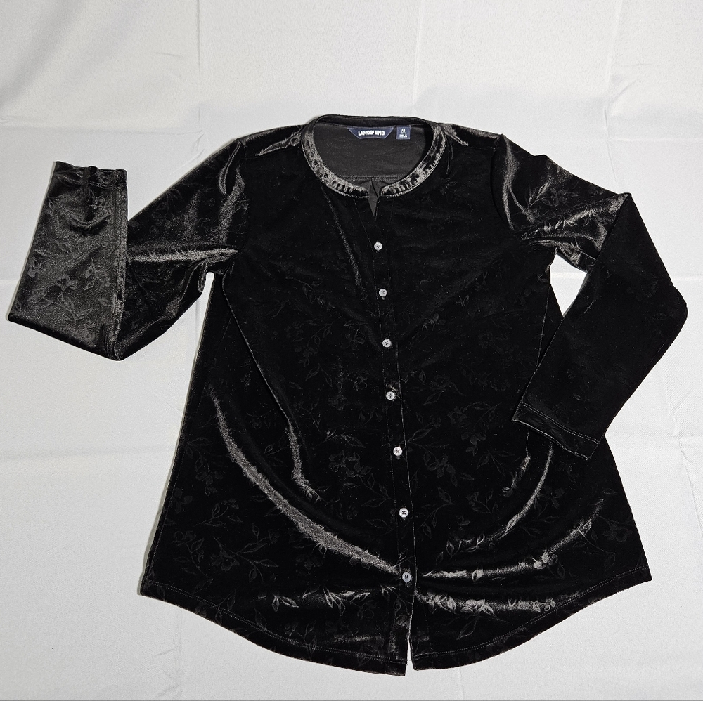 Land's End Velvet Gothic Romantic Floral Black Mandarin Collar Button Down Sz M